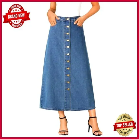 A Line Denim Midi Skirt High Waist Button Down Casual Elegant Retro Chic - Picture 2 of 7
